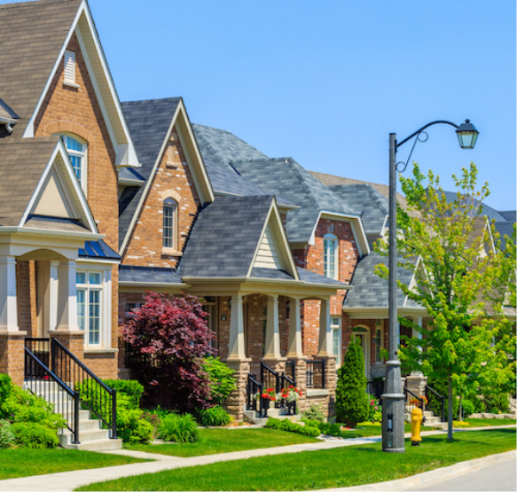 3d rendering of a row of luxury townhouses along a street