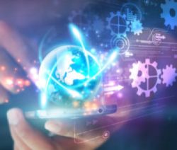 Hand touch screen smart phone.Digital technology concept,Social media