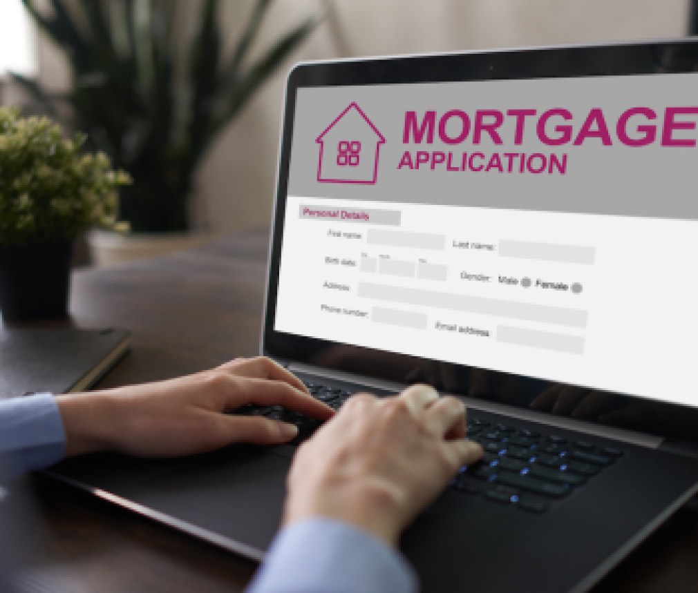 Online mortgage application on screen. Property loan. Business and financial concept.