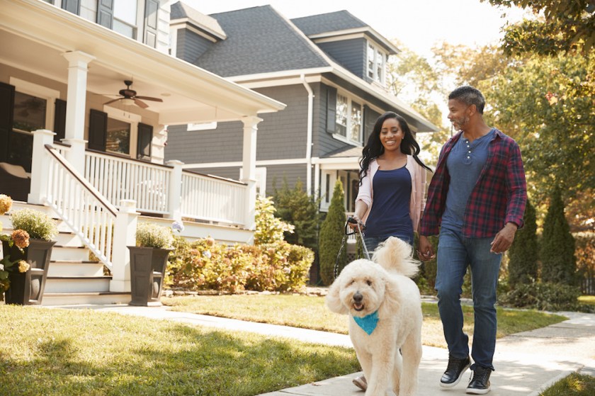 Couple Walking Dog Along Suburban Street