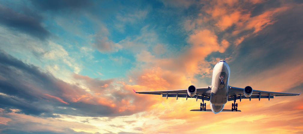 Landing airplane. Landscape with white passenger airplane