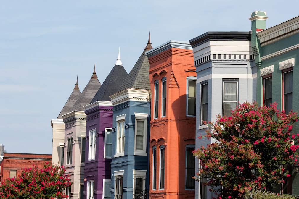 Row houses in the Washington D.C. neighborhood of Shaw on a summer day.