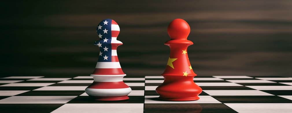 USA and China flags on chess pawns on a chessboard. 3d illustration