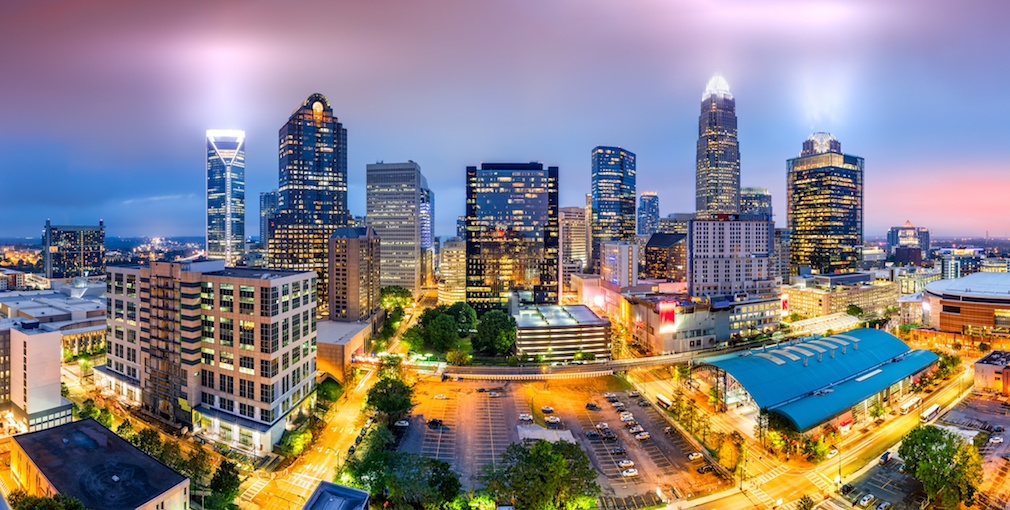 Aerial view of Charlotte, NC skyline on a foggy evening. Charlotte is the largest city in the state of North Carolina and the 17th-largest city in the United States