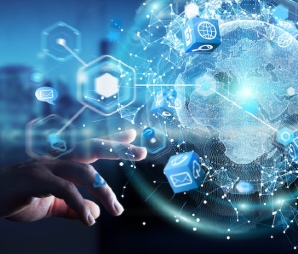 Flying earth network interface activated by businessman 3D rendering