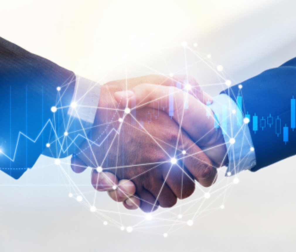 Deal. business man shaking hands with effect global network link connection and graph chart of stock market graphic diagram, digital technology, internet communication, teamwork, partnership concept