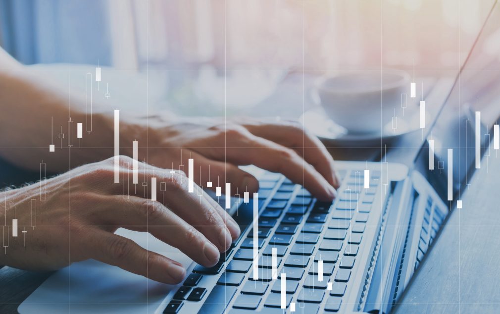 fintech and financial business analytics concept, candlestick chart about finance and trading quotations, KPI statistics