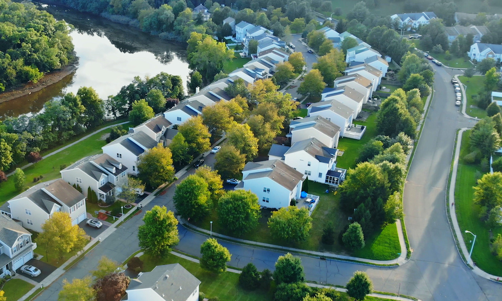 View of the sleeping area from panorama from a height Top view of the river by trees and meadows