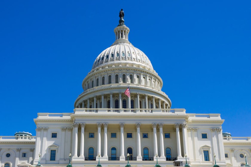 The U.S. Capitol Building, home of Congress, facing west at the eastern end of the National Mall in Washington, D.C.