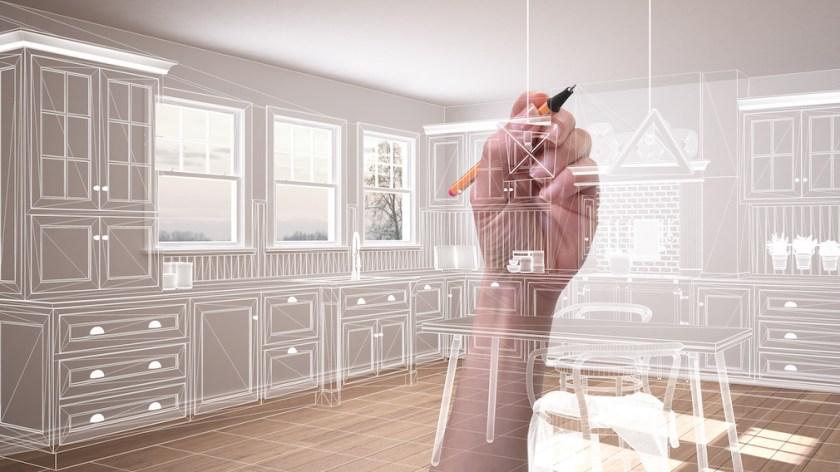 Empty white interior with parquet floor and three panoramic windows, hand drawing custom architecture design, white ink sketch, blueprint showing classic kitchen