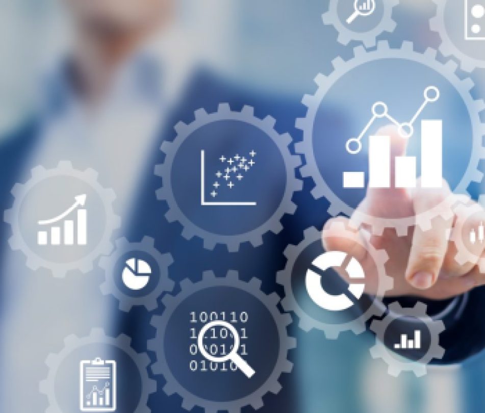 Business data analytics process management with consultant touching connected charts