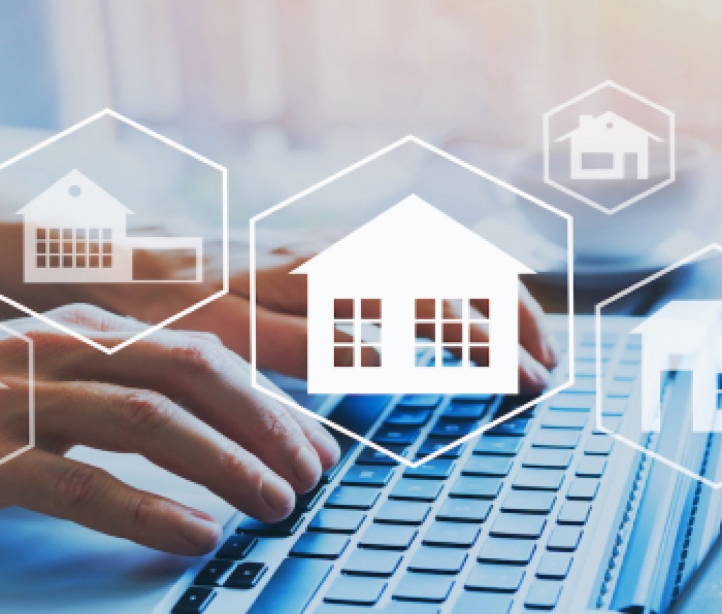 buy house, real estate concept, different offers of property online, hands typing on computer as background