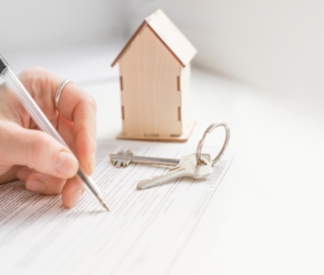 mortgage and housing rent. Keys, house and hand that signs documents
