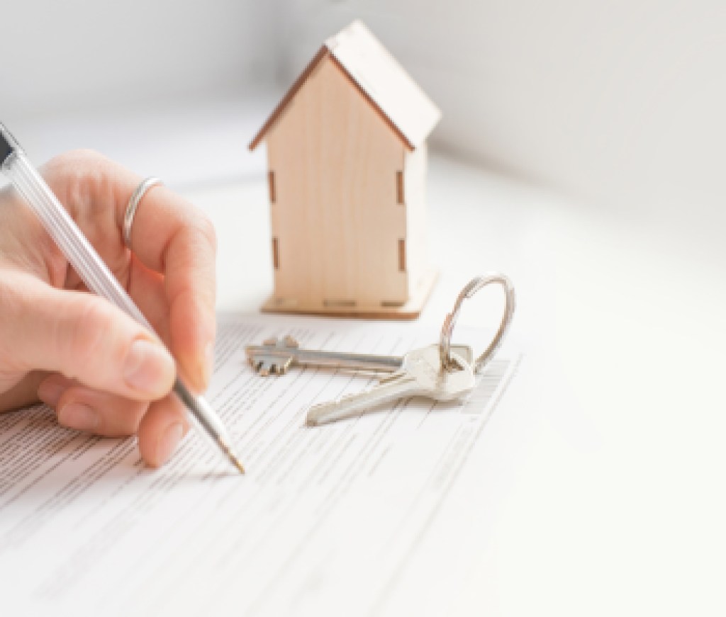 mortgage and housing rent. Keys, house and hand that signs documents