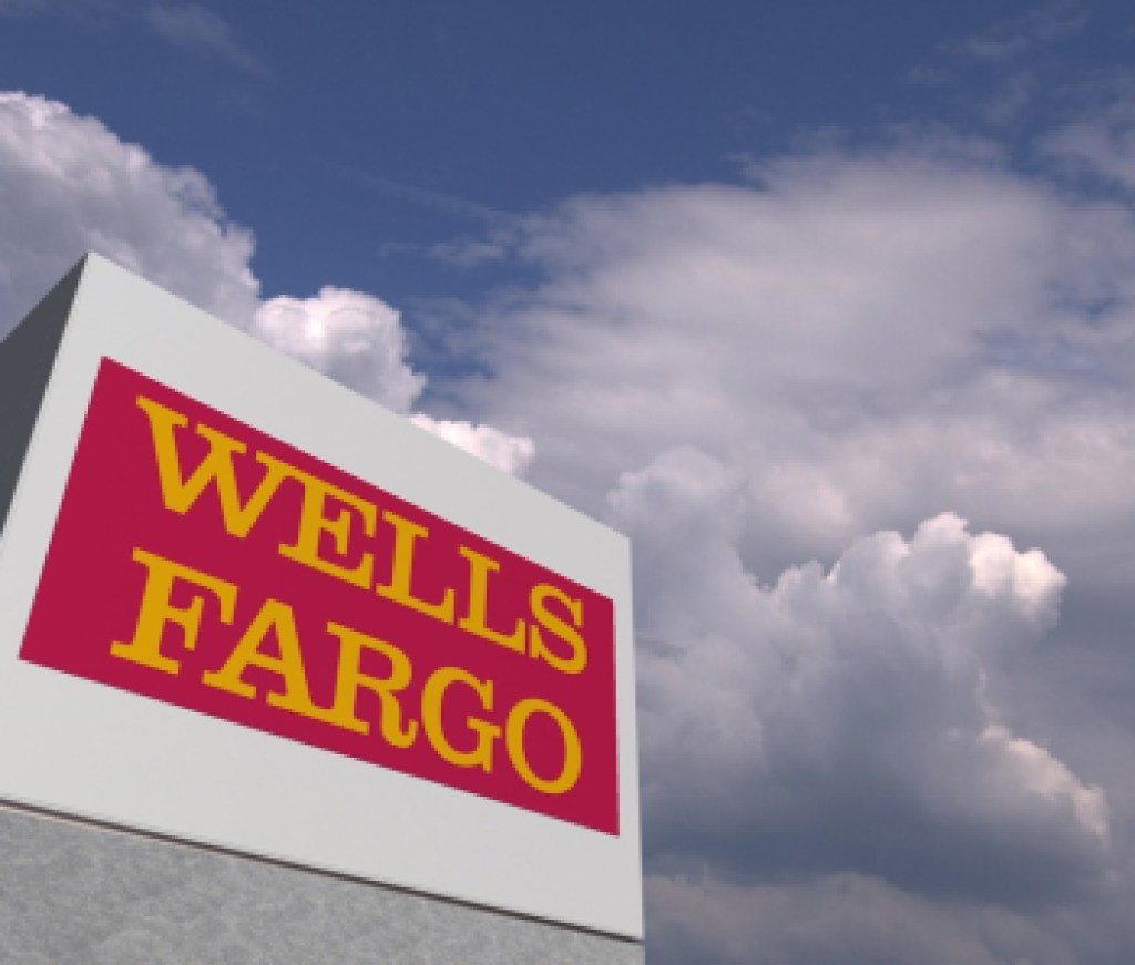 WELLS FARGO logo against sky background, editorial 3D rendering