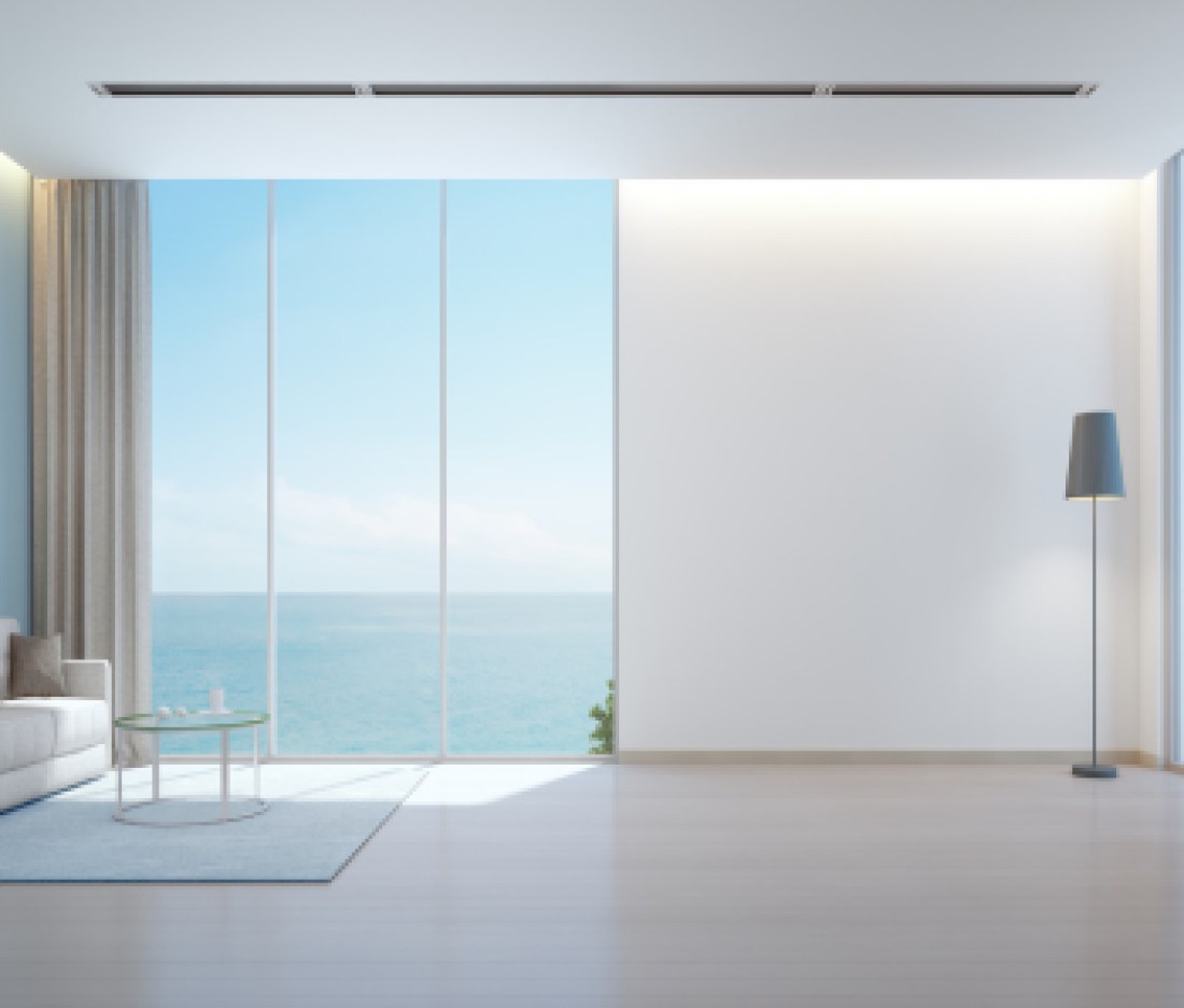 Sea view living room with wooden floor and empty white wall background in luxury beach house, Modern interior of vacation home - Office lounge 3D rendering