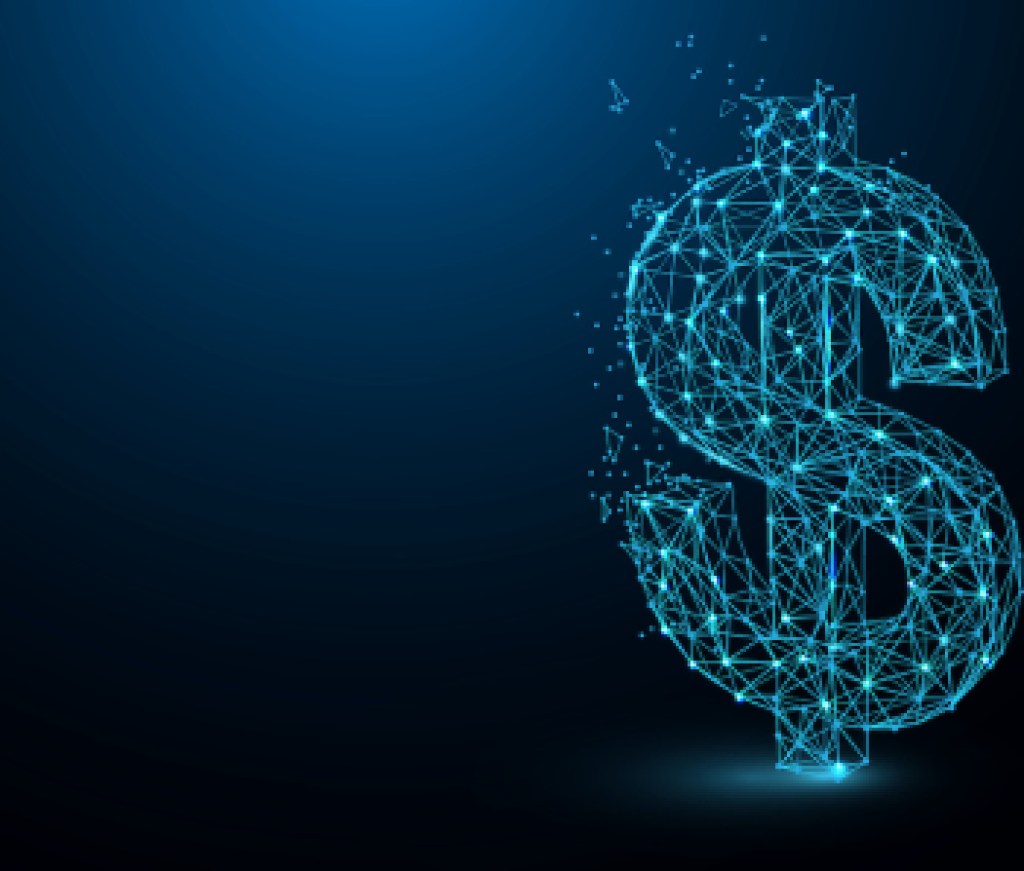 USD Money icon form lines, triangles and particle style design. Illustration vector