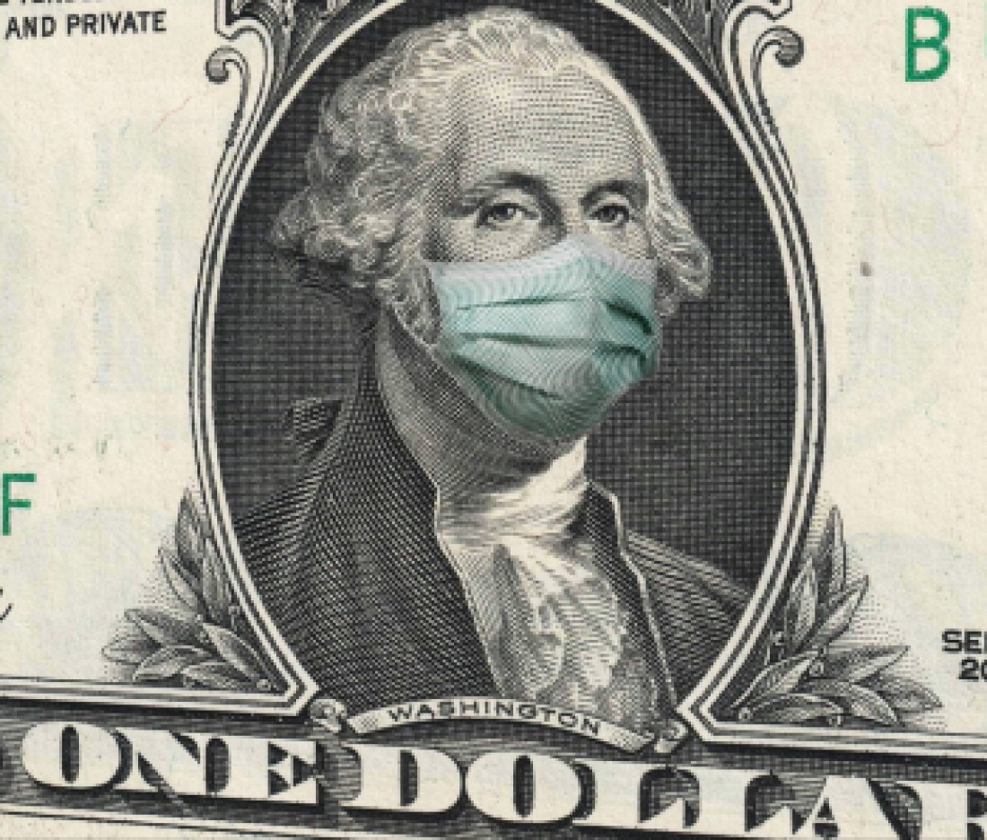 COVID-19 coronavirus in USA, Close up of ONE Dollar money bill with George Washington wearing healthcare surgical mask. Quarantine and global recession. Global economy hit by Covid19.