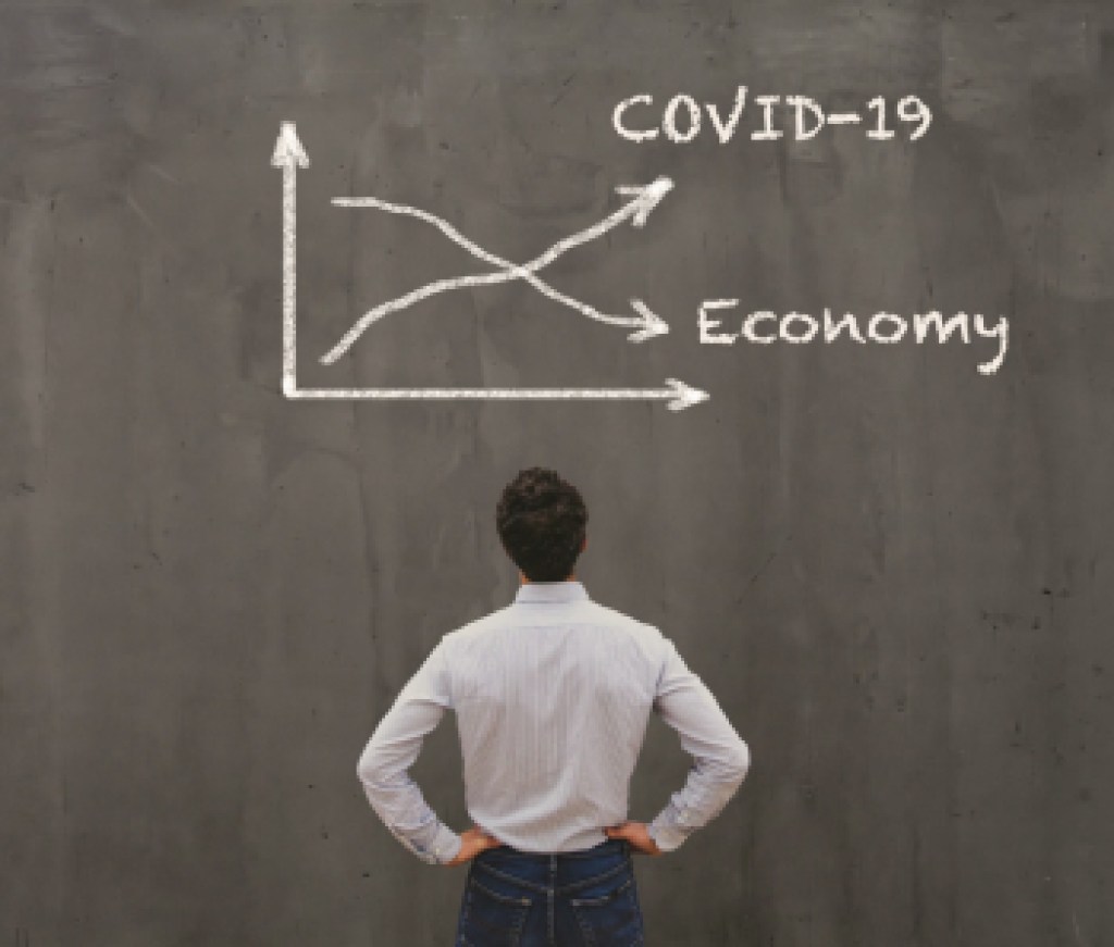 econimical crisis concept due to coronavirus COVID-19 spread in the world, virus curve up, economy down