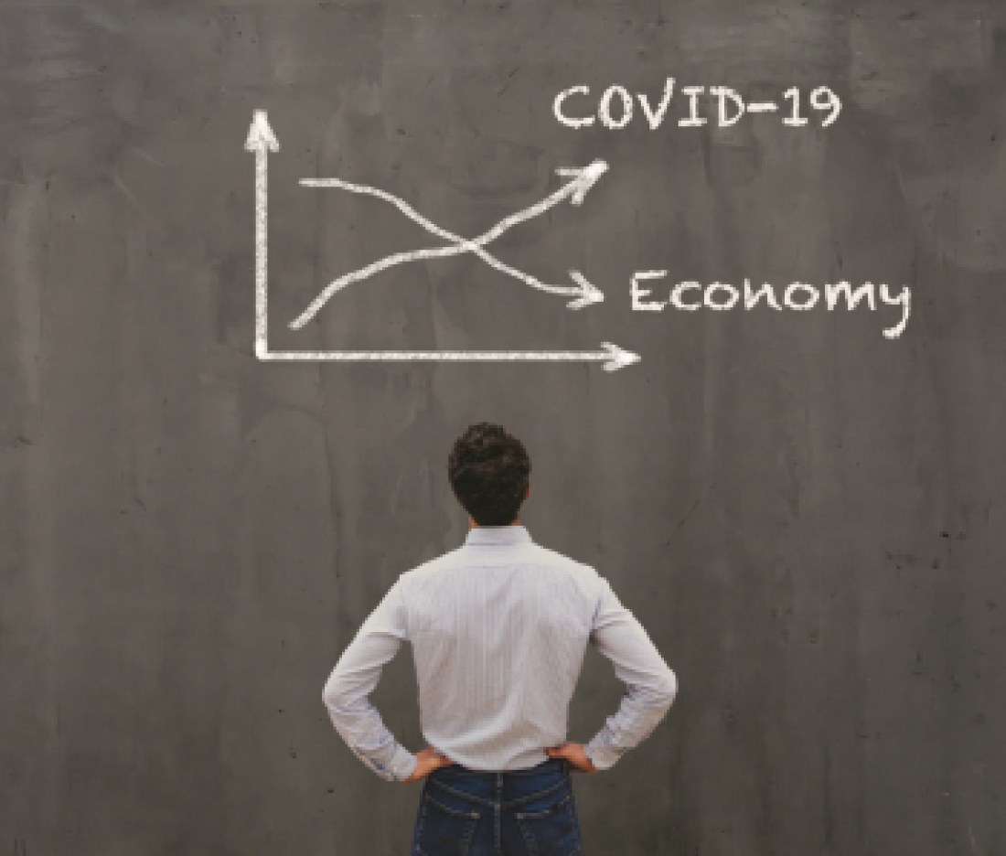 econimical crisis concept due to coronavirus COVID-19 spread in the world, virus curve up, economy down