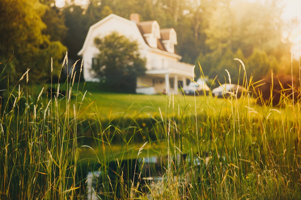 rural view, blurred background. pond and house in the distance at sunset