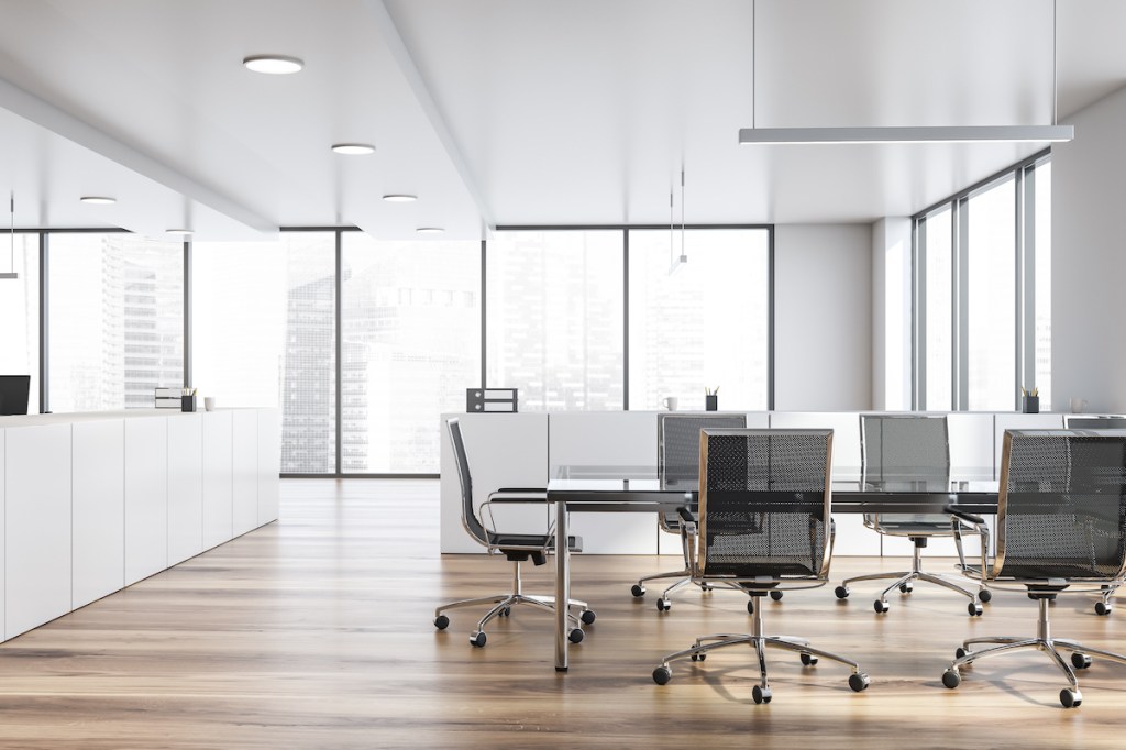 Modern white empty office interior with board table. 3D render.