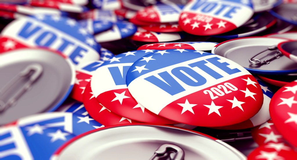 vote election badge button for 2020 background, vote USA 2020, 3D illustration, 3D rendering