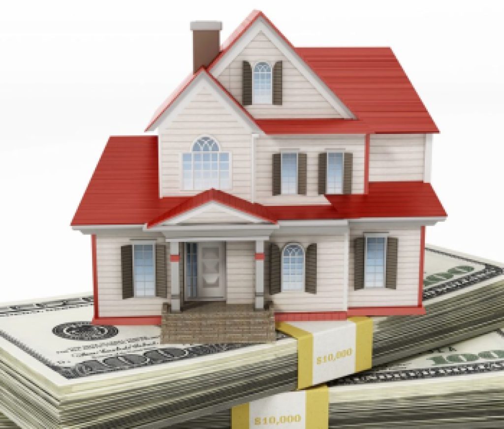 House standing on lots of 100 dollar bills. 3D illustration