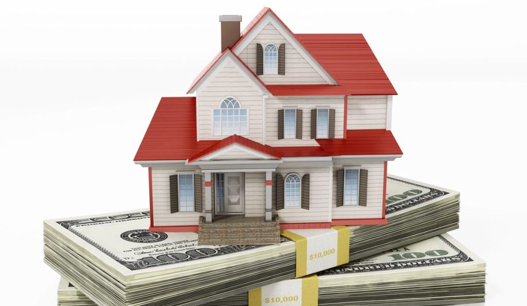 House standing on lots of 100 dollar bills. 3D illustration