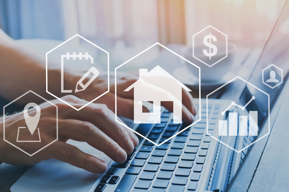 real estate concept, property value diagram, hands typing on computer as background, buy a house