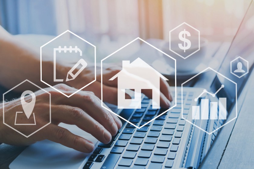 real estate concept, property value diagram, hands typing on computer as background, buy a house