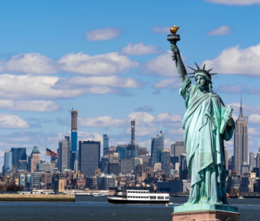 The Statue of Liberty over the Scene of New york cityscape river side which location is lower manhattan,Architecture and building with tourist concept