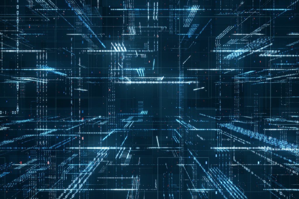 Digital binary code matrix background - 3D rendering of a scientific technology data binary code network conveying connectivity, complexity and data flood of modern digital age