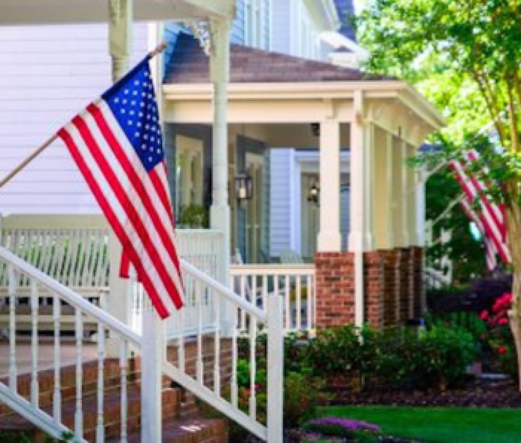 house, american flag, neighborhood