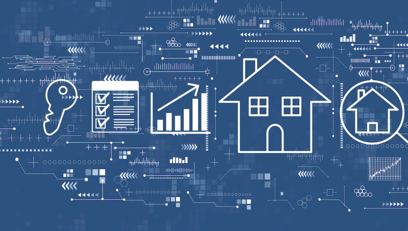Real estate theme with woman using a laptop
