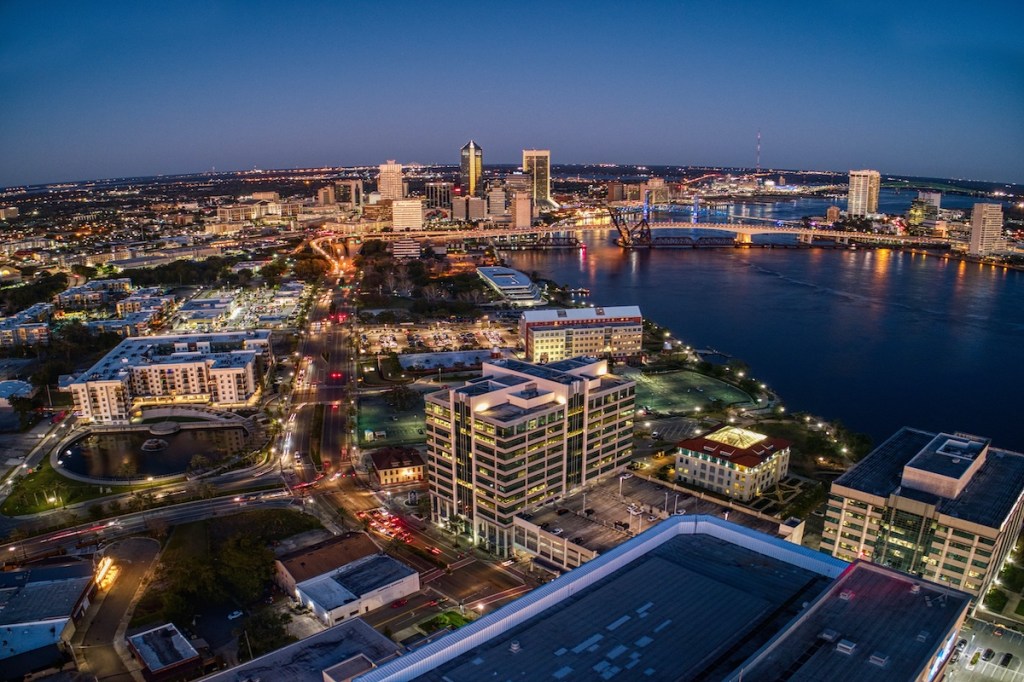 Aerial View of Jacksonville, Florida in Winter at Sunset