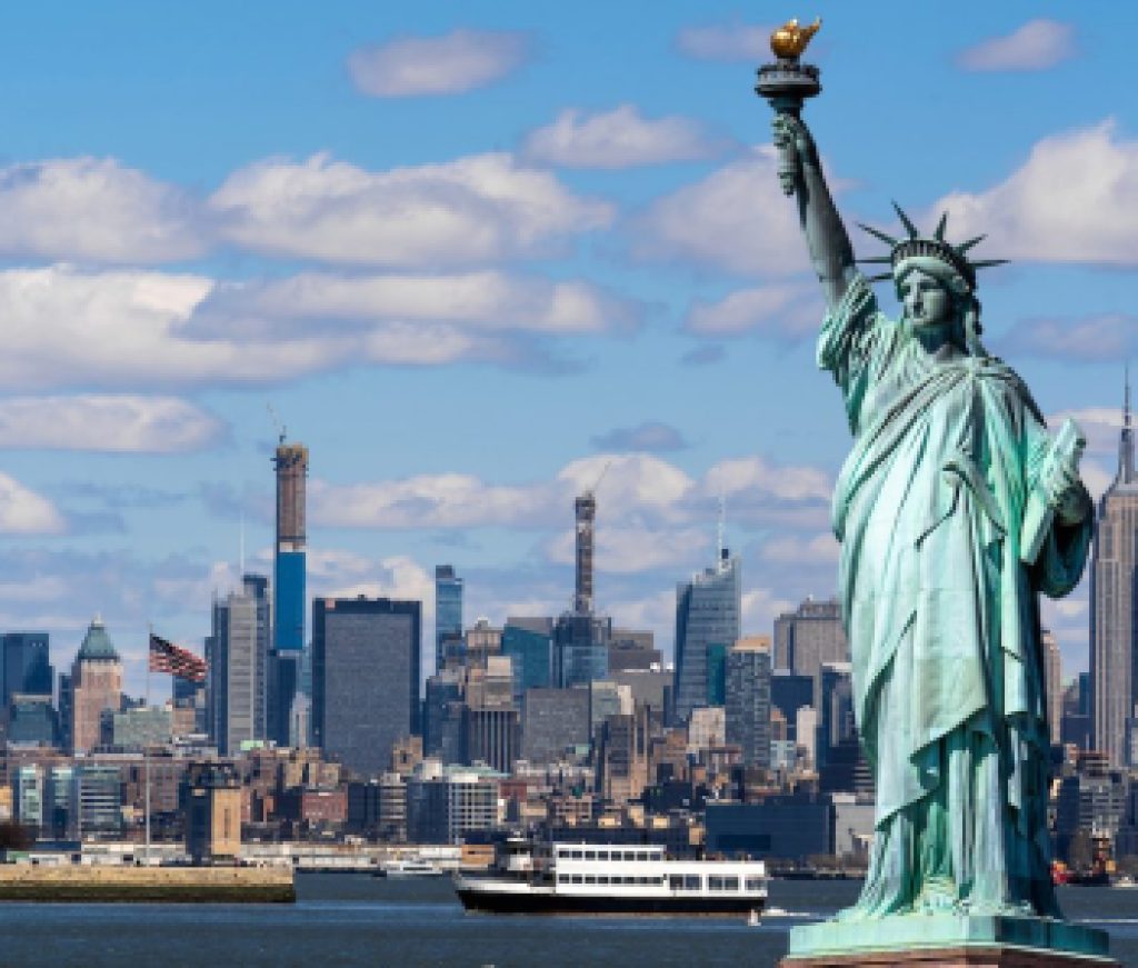 The Statue of Liberty over the Scene of New york cityscape river side which location is lower manhattan,Architecture and building with tourist concept