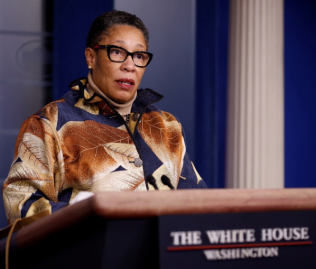 Secretary of Housing and Urban Development Marcia Fudge delivers remarks during a press briefing at the White House in Washington