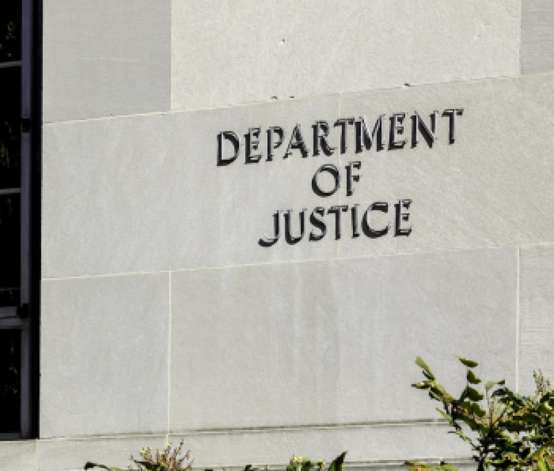 Washington D.C., USA - February 29, 2020: Sign of United States Department of Justice(DOJ) at its headquarters building in Washington, D.C. USA