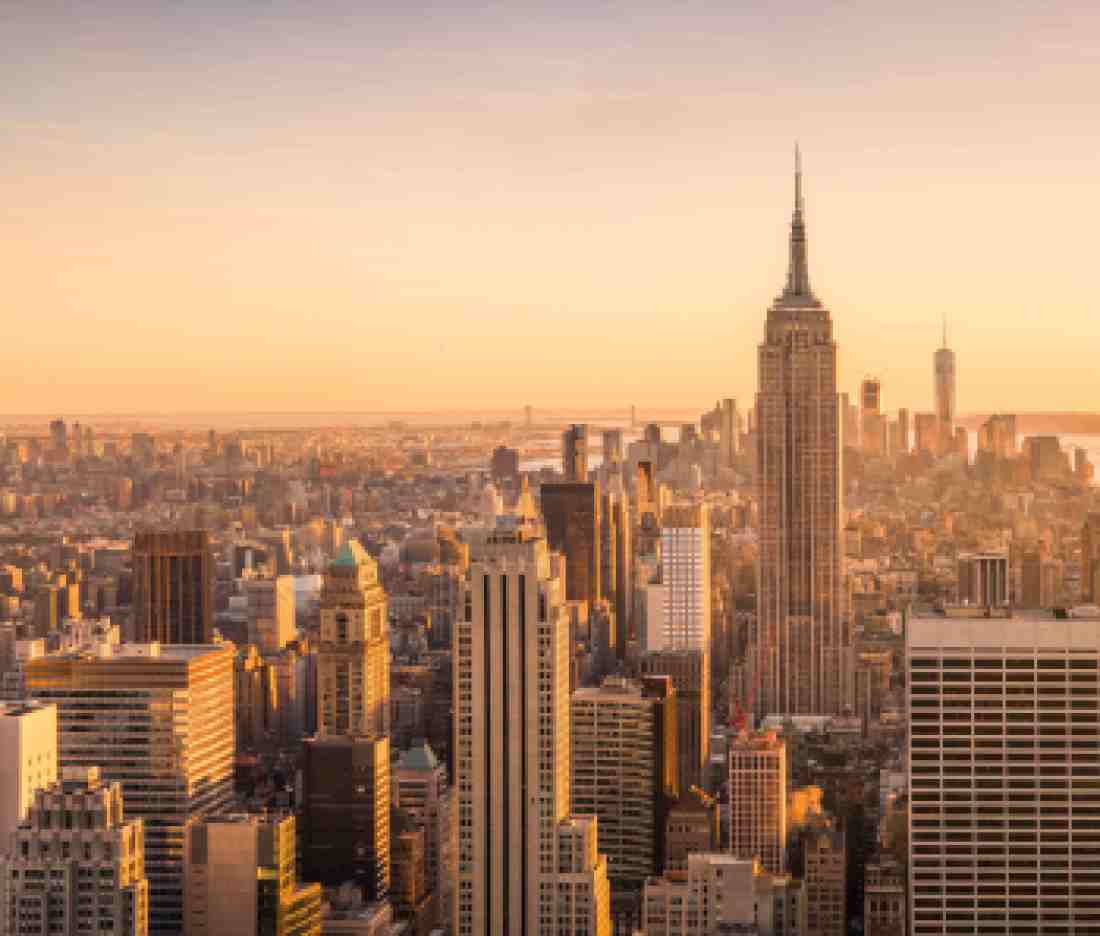 New York City skyline panorama at sunset