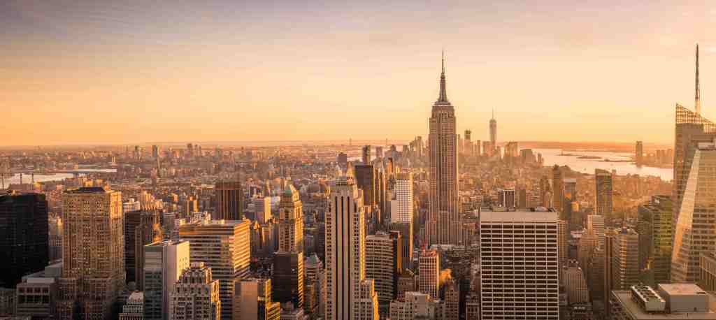 New York City skyline panorama at sunset