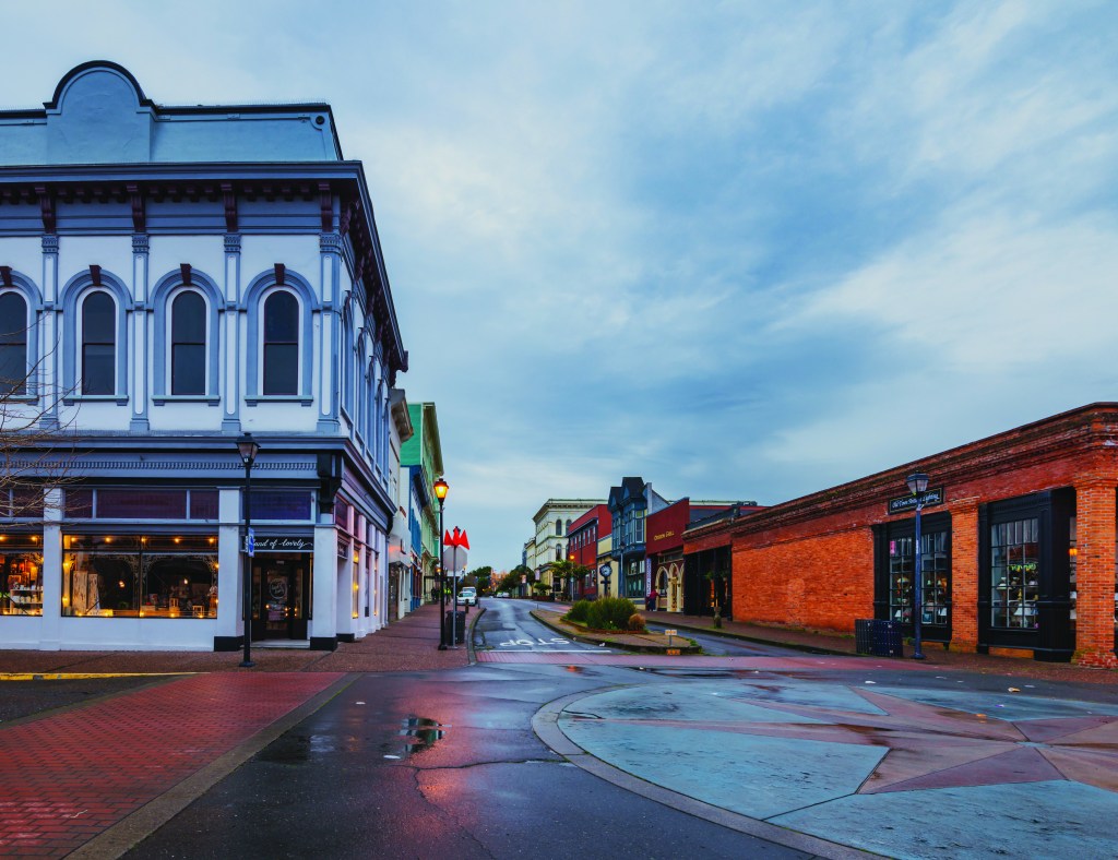 Historic Eureka California downtown with old buildings.
