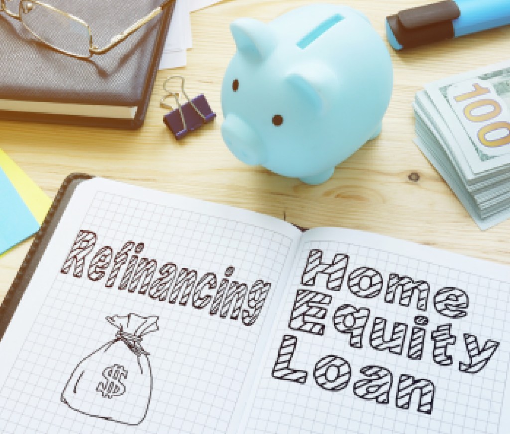 Refinancing vs. Home Equity Loan is shown on the conceptual photo