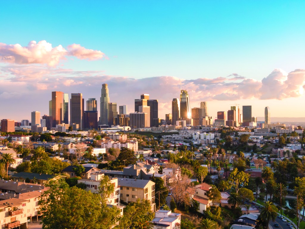 Aerial view of downtown Los Angeles city skyline and skyscrapers