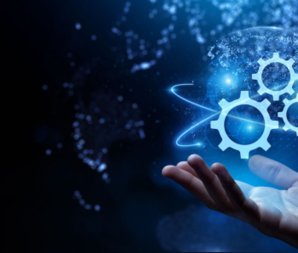 Gears icon on screen. Business and industrial process automation RPA Technology concept.