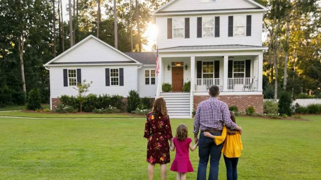 Family in front of home