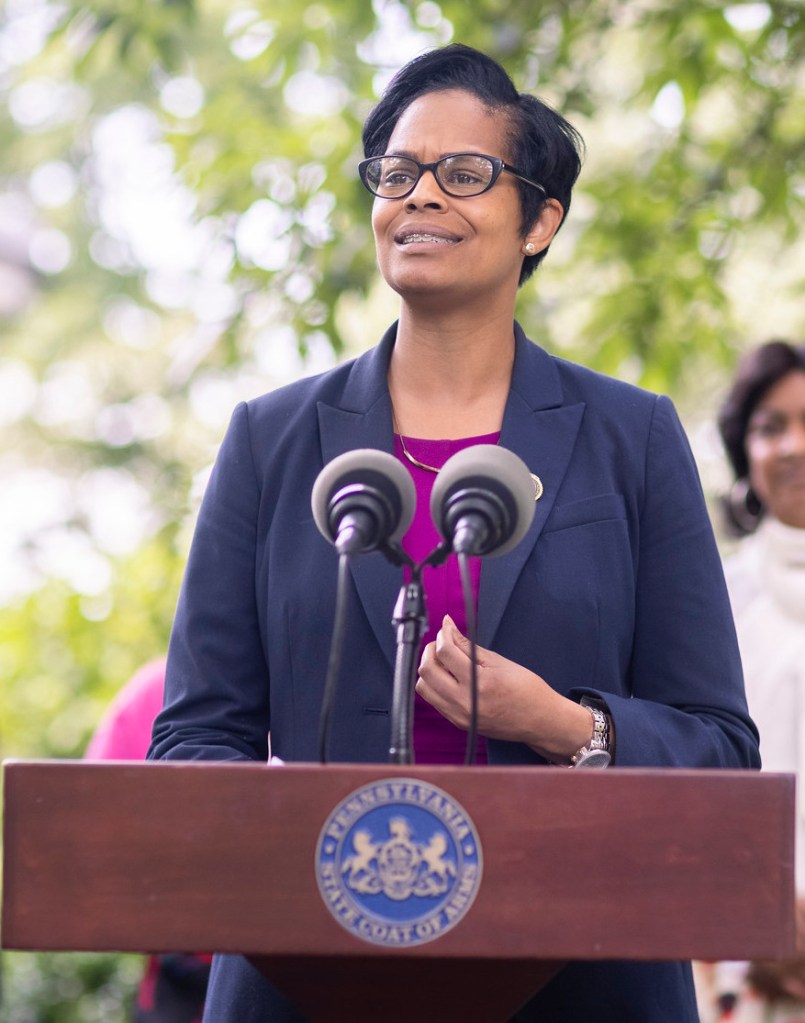 Rep. Morgan Cephas speaking to reporters at an event hosted by Penn. Gov. Tom Wolf in June, 2021. Cephas is proposing a bill aimed at reverse mortgage counseling.