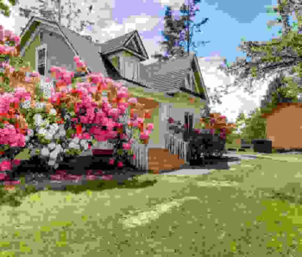 House with spring bushes