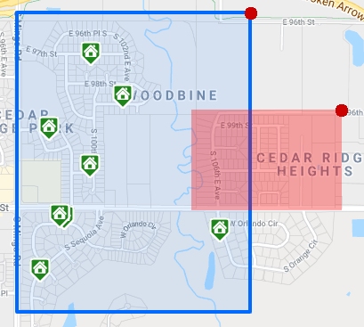 Map section of a small farm area in a neighborhood, with a square overlaid to illustrate eight homes sold in the last six months.