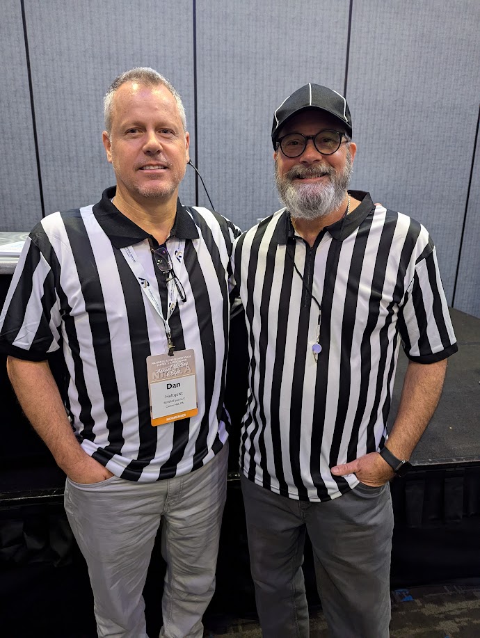 Dan Hultquist and Jim McMinn prepare to present "Rules of the Game" at NRMLA Annual 2024 in San Diego. Photo by Chris Clow.